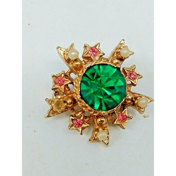 Vintage Coro Star Brooch Green & Pink Rhinestone Pearl seed bead 1 1/4" - Picture 7 of 9